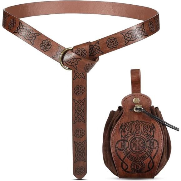 2 Pcs Medieval Viking Belt Leather Pouch Bag Embossed Renaissance Costume